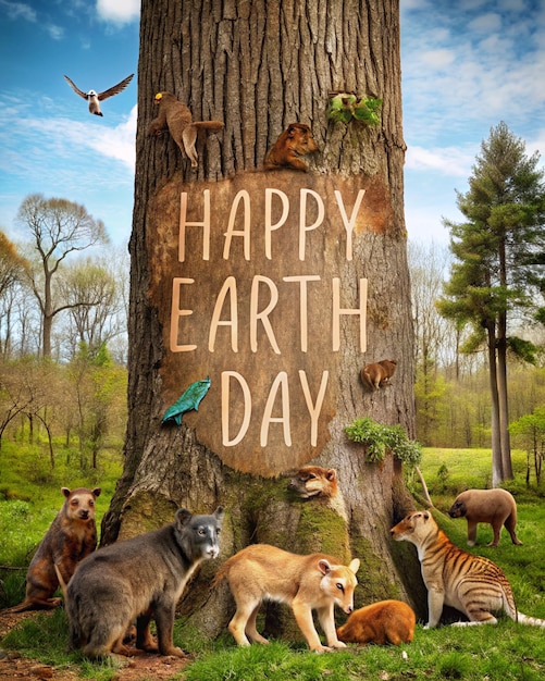 Poster del Feliz Día de la Tierra en un tronco de árbol con varios animales a su alrededor