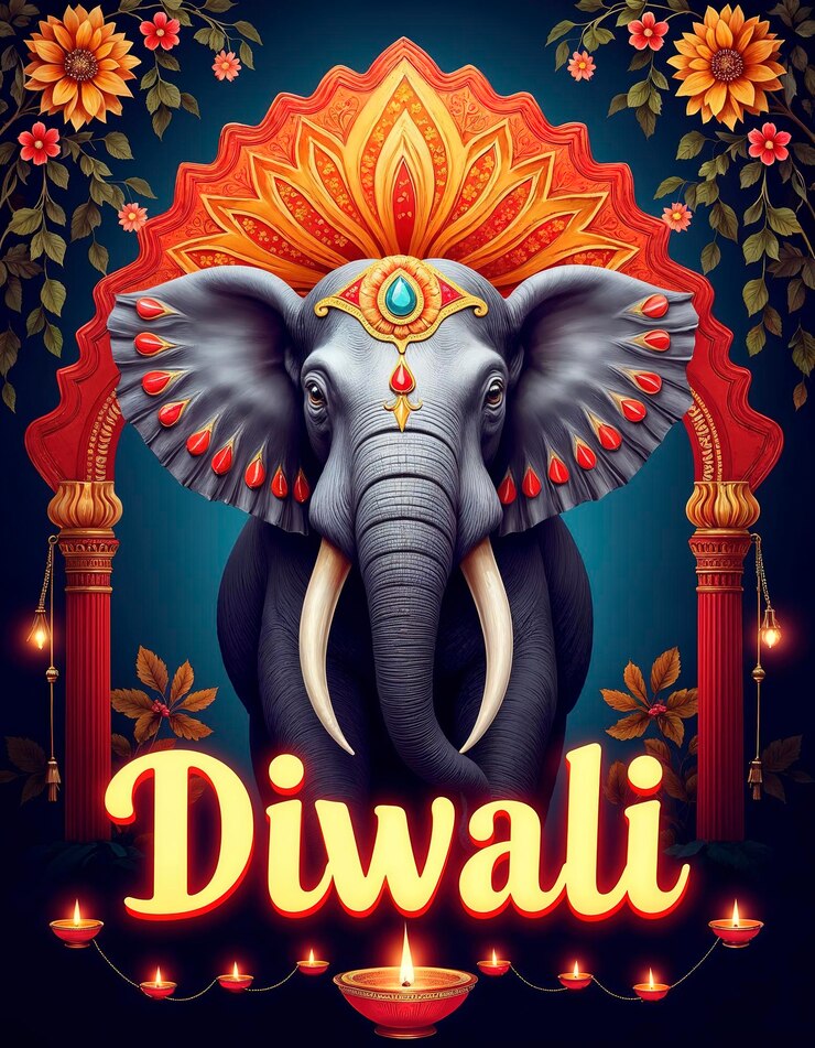 Poster de feliz Diwali con la ilustración de un elefante