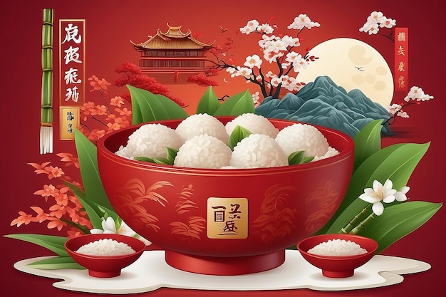 Foto poster del festival de linternas 3d de bolas de arroz en un cuenco de porcelana roja con patrones florales decorados con marco de ventana y bambú