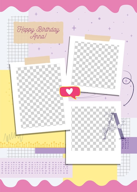 Poster de folleto social con marcos en blanco para fotos Tarjetas de cumpleaños con elementos de scrapbooking Diseño de stock