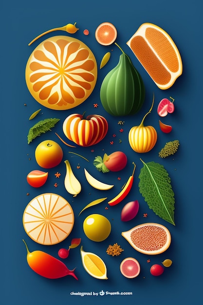 Un póster de frutas y verduras que incluye pera, naranja, pera, pera y otras frutas.