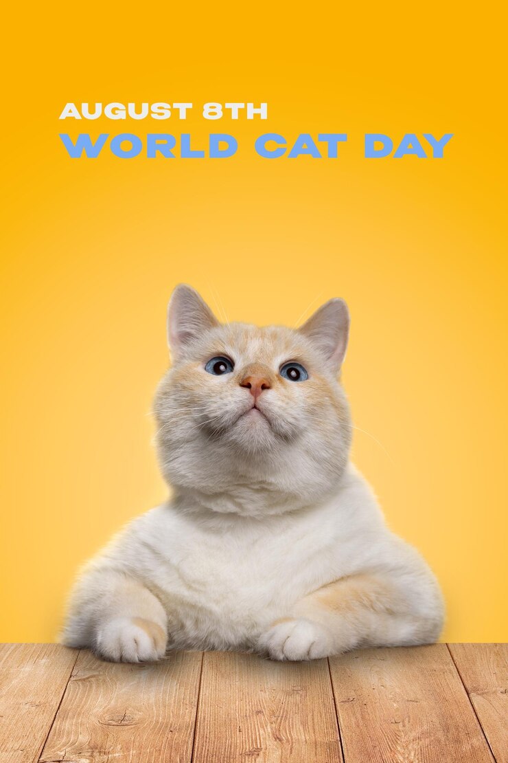 Poster für den 8. August, den Internationalen Tag der Katzen Porträt einer großen orangefarbenen Katze mit blauen Augen an einem Tisch