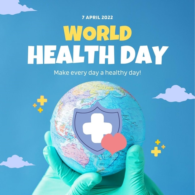 Poster für den Weltgesundheitstag mit einem Mann, der einen Globus hält