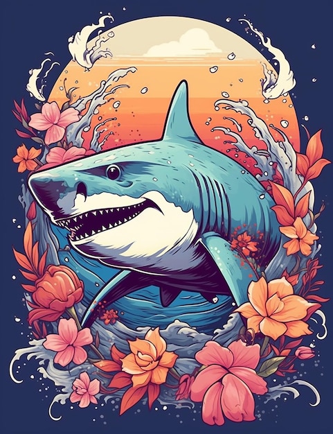 Poster für einen Hai mit Blumen und einem Hai im Hintergrund.