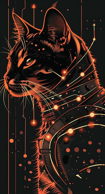 Poster de un gato de Bengala con una postura sigilosa y con un arnés cyberpunk Collaje de arte de alto contraste