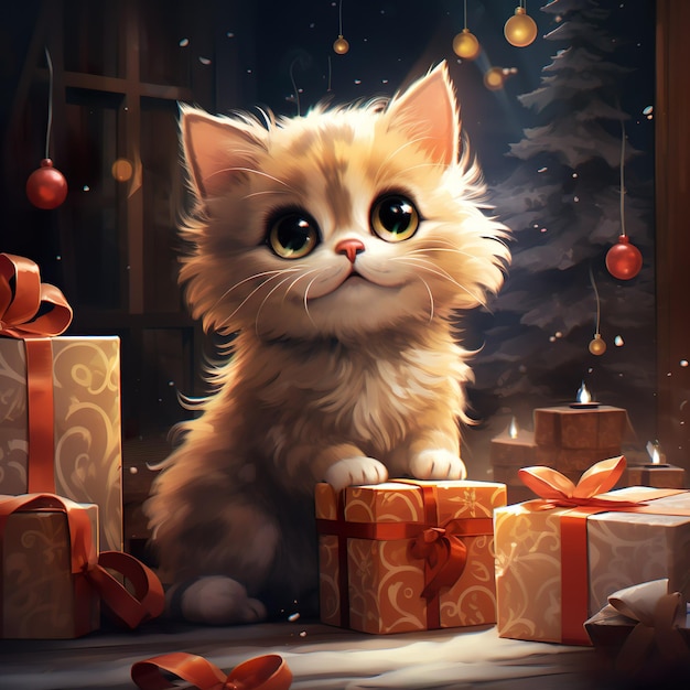 Póster Gato bonito no fundo do Natal Impressão de ilustração digital