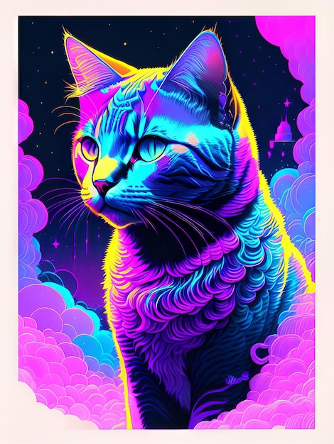 Un póster de un gato con colores neón.