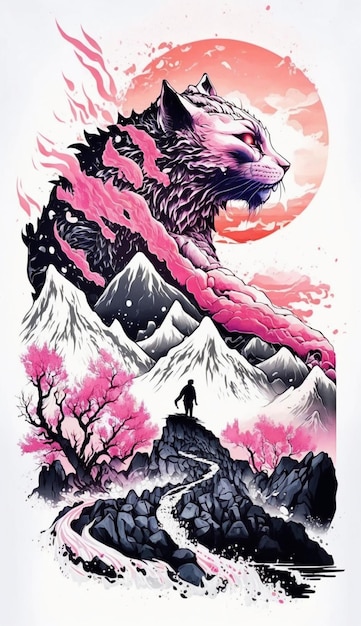Un póster para un gato con montañas al fondo.