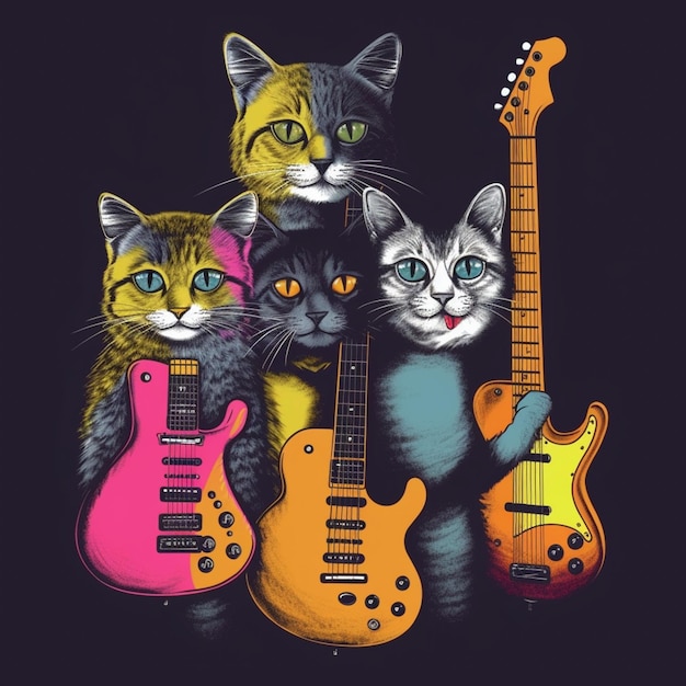 Un póster de gatos con una guitarra.