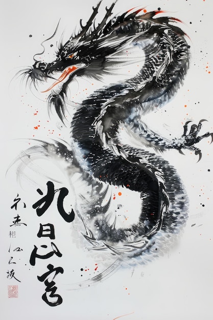 Poster generativo de obras de arte japonesas coloridas con pintura vintage de dragón en acuarela