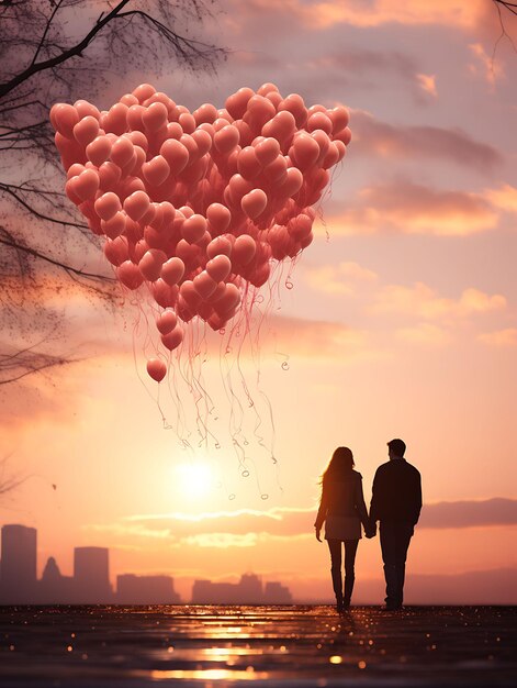 Poster de globos en forma de corazón abrazando parejas contra un sol vibrante Diseño plano 2D Diseño artístico