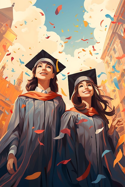 Poster de un grupo de estudiantes con gorras de graduación y diplomas celebran el diseño creativo de arte plano 2D