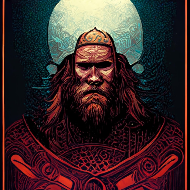 Un póster de un guerrero vikingo con una luna en la parte superior.