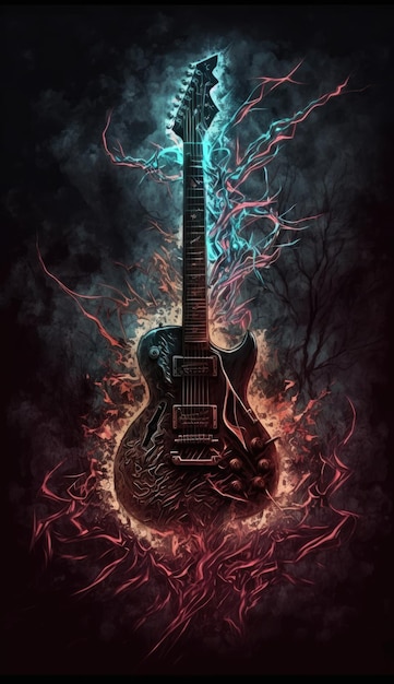 Un póster de una guitarra con un rayo.