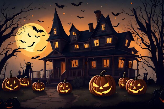 Un póster de halloween con una casa y calabazas al fondo.