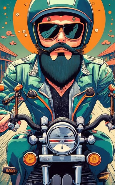 Un póster de un hombre con barba y gafas en su bicicleta