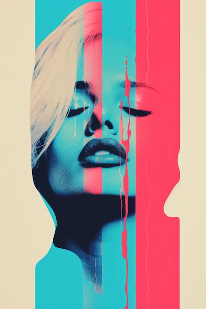 Poster de IA generativa con rostro de mujer de moda en risografía y estilo glitch en colores vívidos