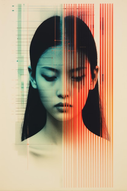 Poster de IA generativa con rostro de mujer de moda en risografía y estilo glitch en colores vívidos