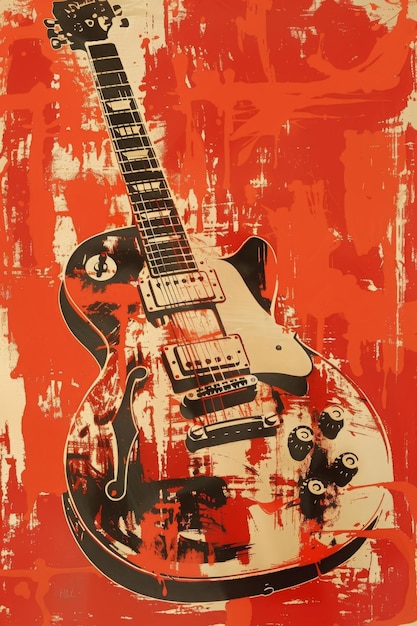 Un póster de impresión grunge con una guitarra eléctrica en bronce claro vibrante y holotono rojo