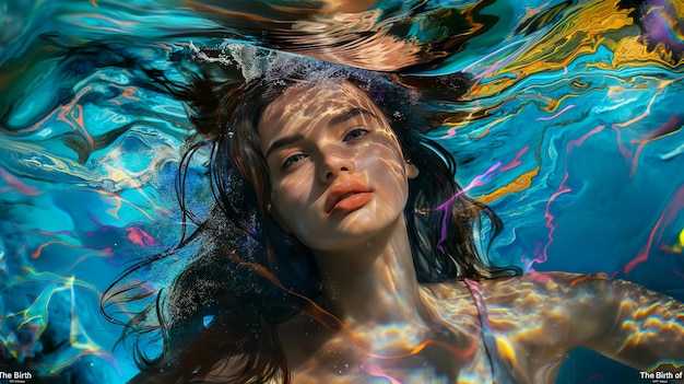 Poster in holographischen abstrakten Neonfarben mit einer schönen jungen Frau, die im Meer schwimmt und sich entspannt