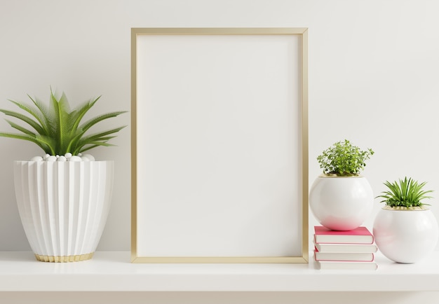 Poster interior de casa com moldura vertical de metal com plantas ornamentais em vasos em parede vazia
