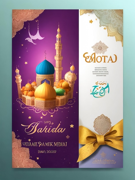 Poster de invitación de Ramadán Mubarak diseño elegante de lujo con mezquita de oro 3D y linterna decoración árabe moderna con fondo de patrón geométrico verde