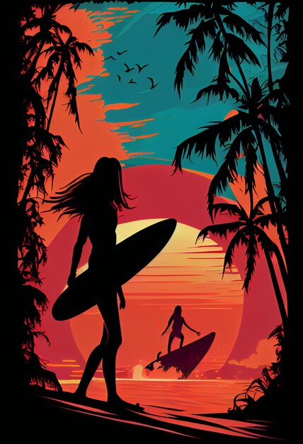 Un póster de un juego de tablas de surf con una mujer encima.