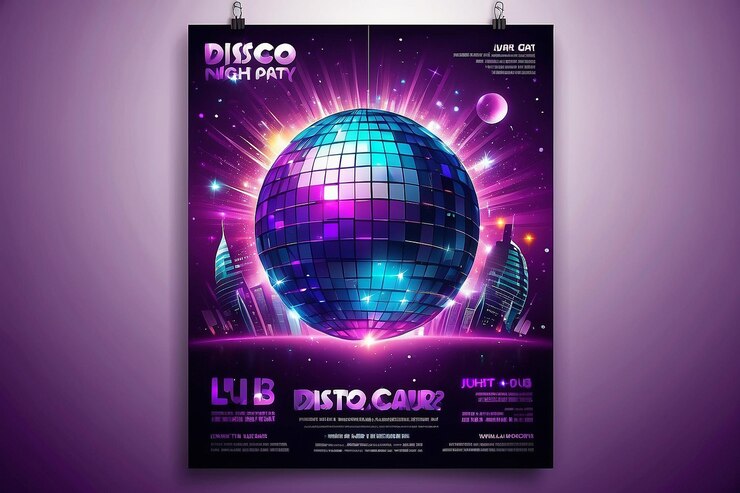 Foto poster-layout disco-nachtfeier mit lila disco-kugel-vektor