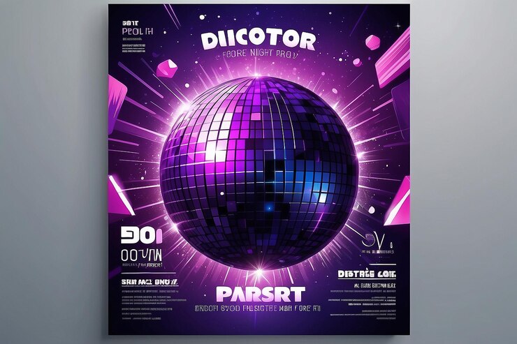 Foto poster-layout disco-nachtfeier mit lila disco-kugel-vektor