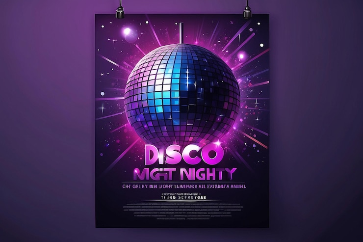 Foto poster-layout disco-nachtfeier mit lila disco-kugel-vektor