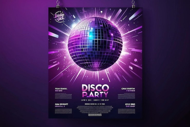 Foto poster-layout disco-nachtfeier mit lila disco-kugel-vektor