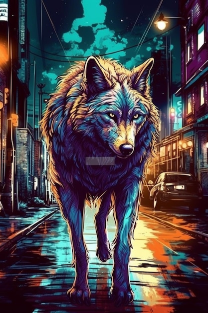 Un póster de un lobo en una noche lluviosa.