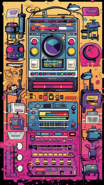 Un póster de una máquina de música con un fondo colorido y las palabras "música" en la parte inferior.