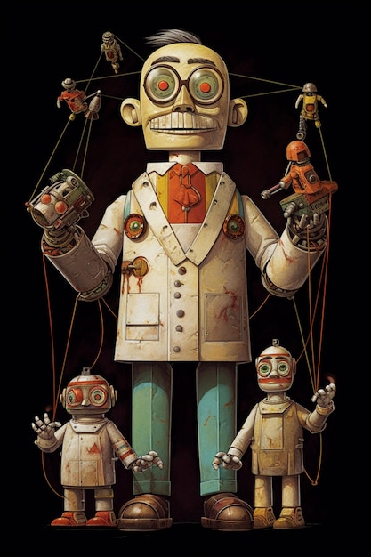 Un póster de una marioneta robot con tres niños.