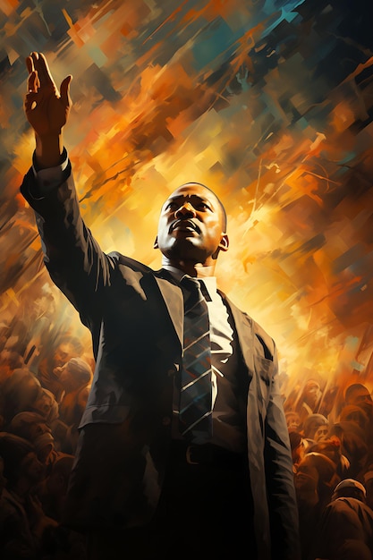 Poster de Martin Luther King Jr. con la mano levantada y grupo diverso de arte de diseño 2D