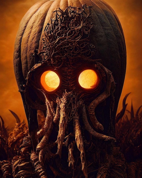 Un póster de la máscara de cthulhu con ojos naranjas y una gran calavera con la palabra cthulhu.