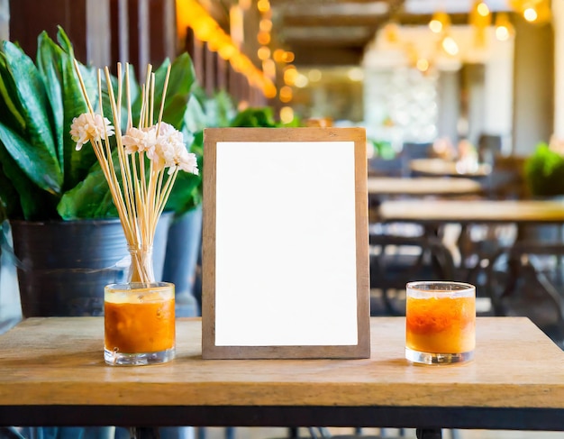 póster de menú simulado en la mesa en un restaurante de cafetería