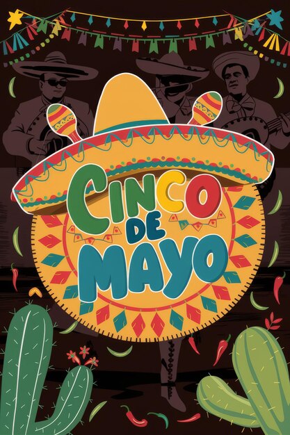 Poster mexicano de Cinco De Mayo com Sombrero e Cactus