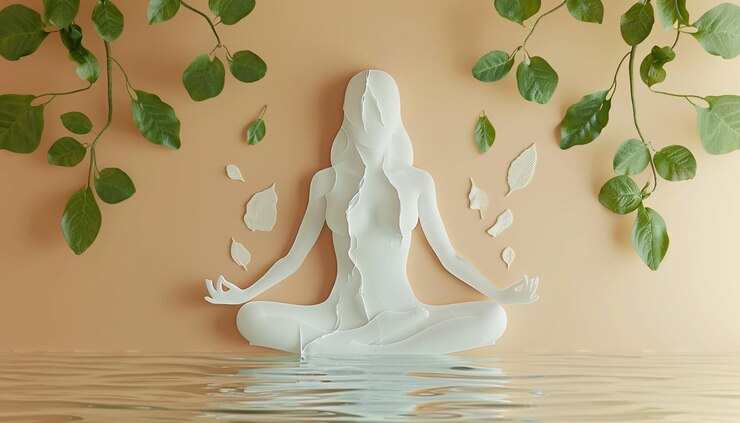 Un póster minimalista en 3D de una mujer en una postura meditativa