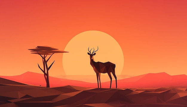 Un póster minimalista en 3D que representa un gracioso animal geométrico africano sobre un fondo de colores de puesta de sol