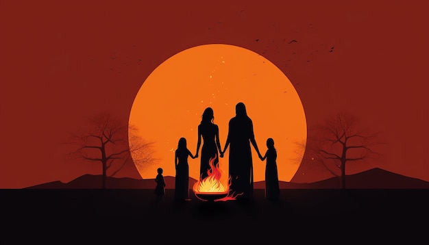 un póster minimalista que representa la silueta de una familia celebrando Lohri