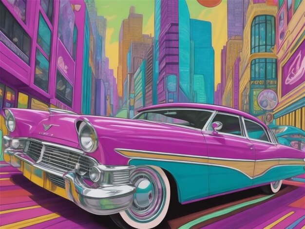 Poster mit einem Oldtimer. Flaches Auto in leuchtenden Farben auf dem Hintergrund der Stadt