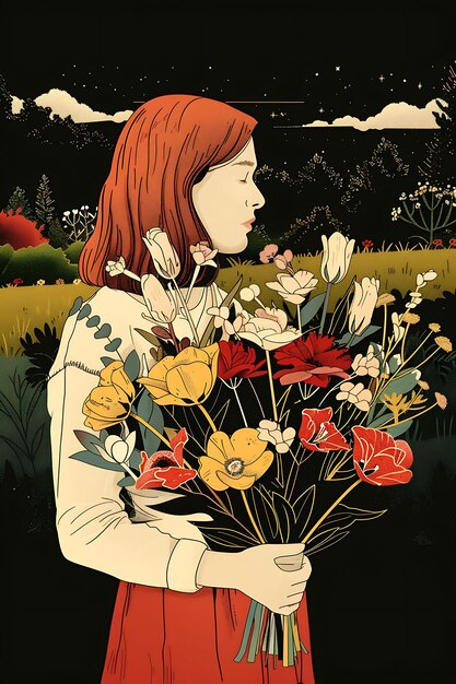 Poster mit einer Frau, die einen Blumenstrauß mit einem Garten auf der Rückseite hält