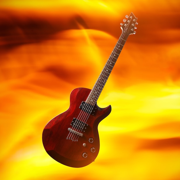 Poster mit einer Gitarre auf einem brennenden Flammenhintergrund.