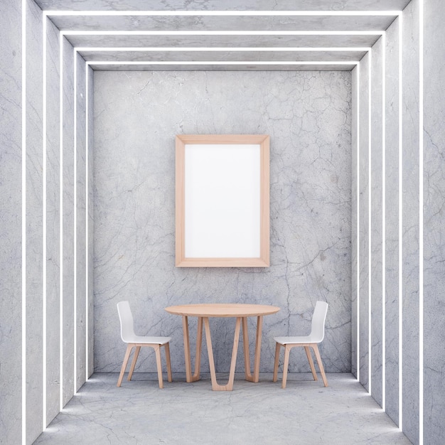 Poster Mockup mit zwei Holzstühlen und Tisch in moderner 3D-Darstellung