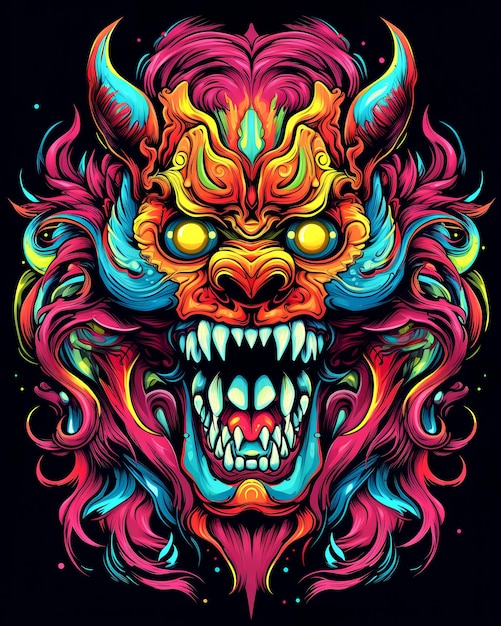Poster de monstruo psicodélico brillante Poster de horror cabeza mística monstruo psiquedélico generado por la IA
