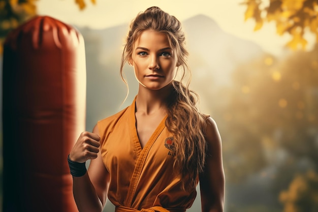 Foto poster motivacional de una mujer de karate con un saco de boxeo