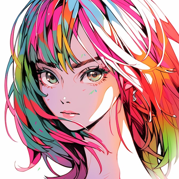 Un póster de una mujer con cabello colorido y cabello colorido.