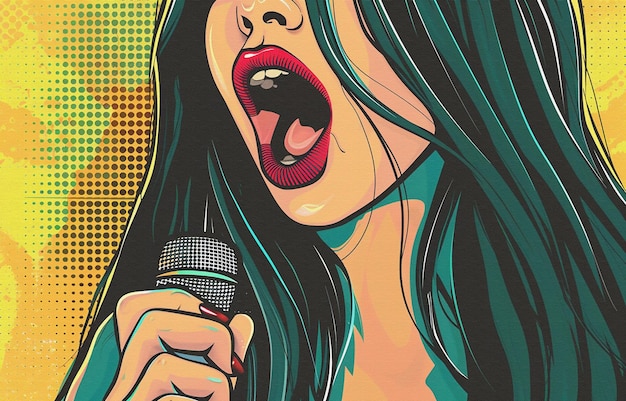 un póster de una mujer cantando con un micrófono en la mano