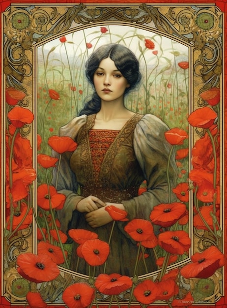Un póster de una mujer con flores rojas en medio de sus manos.